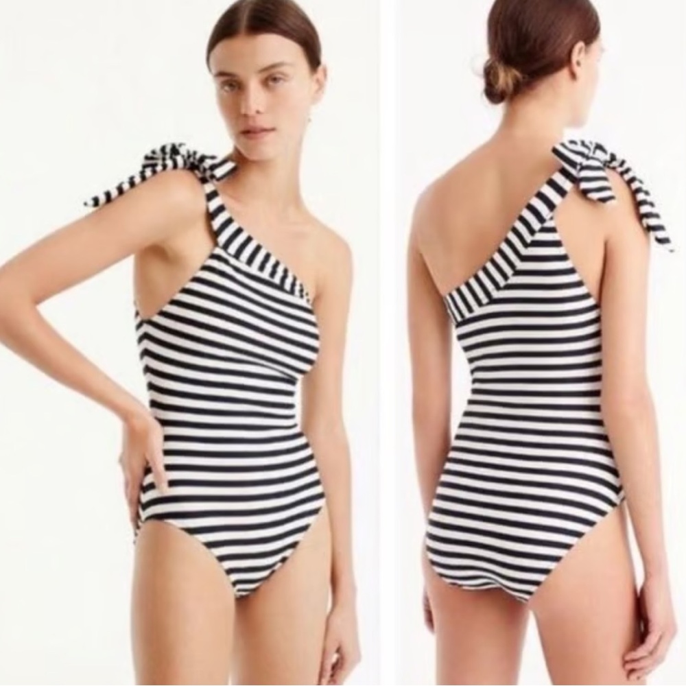 J. Crew Women's One-Shoulder Striped Swimsuit - Black and White